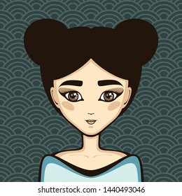 Beautiful asian girl on traditional japan ornament vector illustration. Cute woman portrait. Natural beauty.
