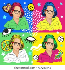Beautiful asian girl portrait in 80s fashion. Pop-art style vector illustration. Hippie mood. 80s and 90s design elements. Best print and poster for your design.