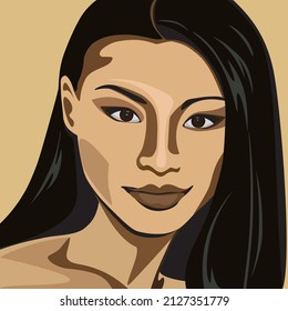 Beautiful Asian girl portrait, cartoon style, flat vector art, illustration, graphic design poster. 