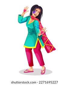 Beautiful Asian Indian girl in joyful wear ethnic cloth, playing holi over white background. Illustration of Indian women with traditional outfit. Showing her colored hands. Banner, poster, sticker.