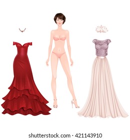 Beautiful Asian Lady, Prom Party Dress Up Female Paper Doll, Ready For Cut Out And Play. Vector Illustration.