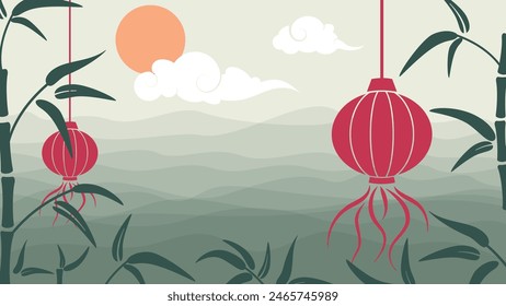 beautiful asian landscape background with bamboo and chinese lantern