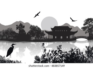 Beautiful asian landscape near water on red background, vector illustration