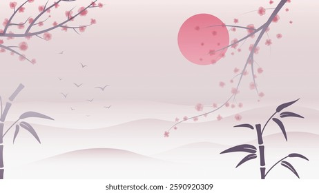 beautiful asian scene with cherry blossom and birds flock at sunset