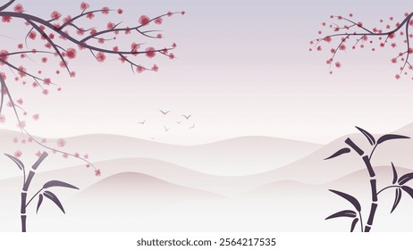 beautiful asian scenery with blossom sacura tree and birds flock