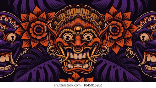 A beautiful Asian seamless pattern with traditional Bali masks and exotic tropical flowers and plants.