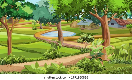 A beautiful Asian Village scene - illustration