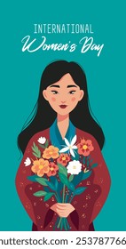 Beautiful asian woman with bouquet of flowers on blue turquoise background. Vector greeting card with women's day. For banner, advertisement, website, postcard. Women empowerment