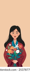 Beautiful asian woman with bouquet of flowers. Vector greeting card with women's day. For banner, advertisement, website, postcard. Women empowerment