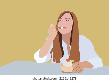 A Beautiful Asian Woman Enjoy Eating An Ice Cream In Restaurant