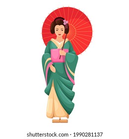 Beautiful Asian woman in ethnic Japanese garment vector illustration. Japan female in national vintage costume and umbrella isolated on white. Oriental lady in traditional dress with ornament