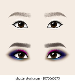 Beautiful Asian Woman Eyes and Brows. Before and after make-up. Vector illustration