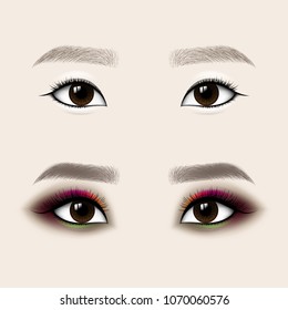 Beautiful Asian Woman Eyes and Brows. Before and after make-up. Vector illustration