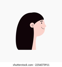 Beautiful Asian woman, girl with long hair, face in profile isolated on white. Flat style vector illustration. Female cartoon character. Design element for 8 March, Womens Day card, banner, poster