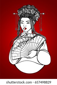 Beautiful asian woman in hanbok, with flowers and fan. Outline drawing for coloring. Vector illustration