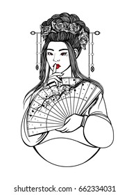 Beautiful asian woman in hanbok, with flowers and fan. Outline drawing for coloring. Vector illustration