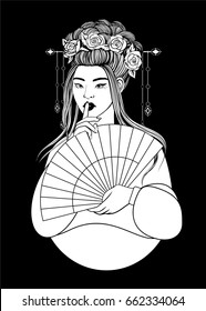 Beautiful asian woman in hanbok, with flowers and fan. Outline drawing for coloring. Vector illustration