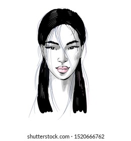 Beautiful asian woman portrait with pink lips black and white sketchy fashion illustration