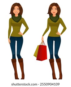 beautiful Asian woman wearing winter outfit, scarf and jeans, smiling and holding a few shopping bags. Lifestyle illustration of a young attractive woman in casual clothing. Isolated on white.