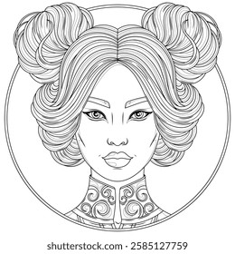 A beautiful Asian woman.Coloring book antistress for children and adults. Illustration isolated on white background.Zen-tangle style. Hand draw