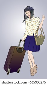 Beautiful asian young woman  in ornamental shirt with bag and suitcase. Vector illustration