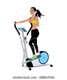 Beautiful asian young woman wearing fitness outfit exercising at the elliptical machine in gym. Vector illustration.