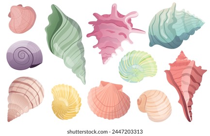 Un hermoso surtido de conchas marinas en suaves tonos pastel, perfectamente renderizadas para diseños de temática marina, materiales educativos y decoración de playa.