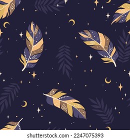 Beautiful astrology boho feathers pattern. Dark background. Vector illustration. Great for textile, print, paper, t-shirt design