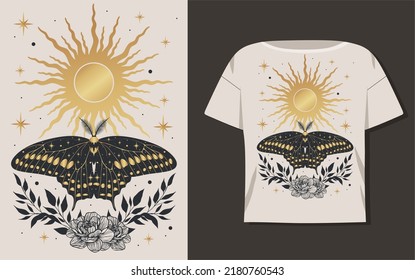 Beautiful astrology moth illustration shirt design. Vector illustration.