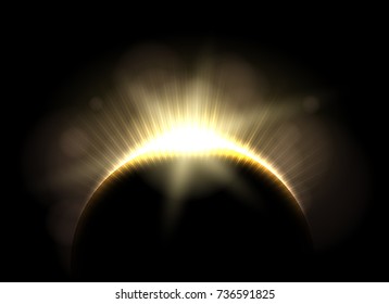 Beautiful astronomic solar moon eclipse, lunar earth total dark astronomical corona vector illustration
