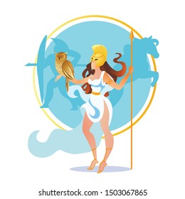 Beautiful Athena, Ancient Goddess of War, Philosophy and Wisdom. Athene Pallas Ancient Mythology Character with Spear and Owl Sitting on Hand. Woman with Great Power. Cartoon Flat Vector Illustration