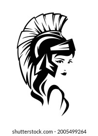 beautiful Athena Pallas wearing helmet - ancient greek goddess woman black and white vector head portrait