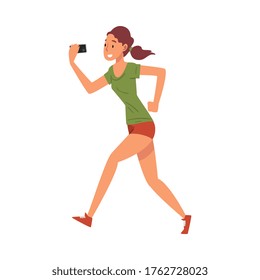 Beautiful Athlete Girl Taking Selfie Photo while Jogging, Young Woman Character Photographing Herself with Smartphone Cartoon Vector Illustration
