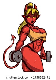 beautiful athletic blonde devil girl stands and holds two dumbbells sticker vector illustration