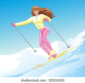 Beautiful athletic brunette smiling girl in the mountains has been skiing extreme active winter sports in the New Year and Christmas holidays, spends his free time and vacation, vector