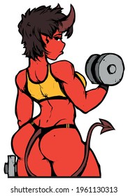 beautiful athletic devil girl with dumbbells