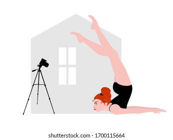 Beautiful Athletic Female Fitness Blogger is Recording her Workout in a Room.