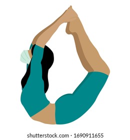 Beautiful athletic girl in a mask does yoga at home. KOVID-19 prevention.Social distance in the coronavirus pandemic. Stay home, stay safe concept. Yoga pose, meditation and healthy lifestyle.