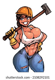 beautiful athletic girl worker with a sledgehammer stands smiling vector illustration pin up