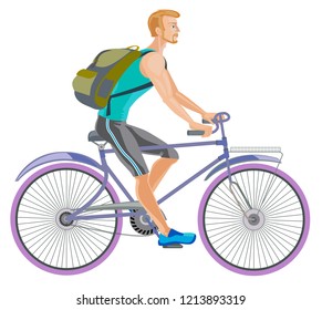 Beautiful athletic redhead man with beard in blue shirt and shorts is riding blue bike. He has a backpack on his back. Illustration of male traveler isolated on white 