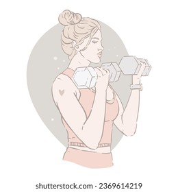 Beautiful, athletic woman doing exercise. Blond hair gathered in bun. Sportswear, fitness accessorize. Dumbbell workout for arms, muscle building. Training in the gym and at home. Vector illustration