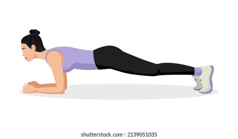 Beautiful Athletic Woman Doing A Sports Plank. Body Workout. Vector Illustration Isolated On White Background