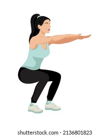 Beautiful athletic woman doing squats. Body workout. Vector illustration isolated on white background