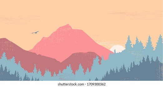 Beautiful atmospheric landscape with wooded mountains.Vector horizontal banner.
