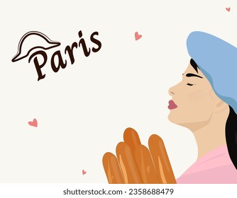 A beautiful and attractive girl in a beret holds a baguette. Woman with closed eyes