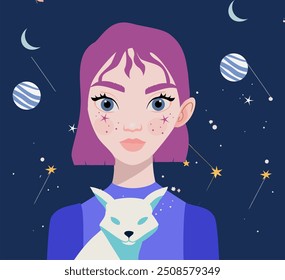 A beautiful attractive girl symbolizes night and day. astrological signs. Air zodiac set, beautiful girls, Gemini, Libra, Aquarius, horoscope symbol. Vector illustration of the moon and stars