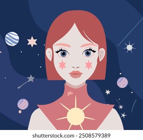 A beautiful attractive girl symbolizes night and day. astrological signs. Air zodiac set, beautiful girls, Gemini, Libra, Aquarius, horoscope symbol