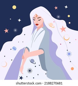 A beautiful attractive woman blond symbolizes night and space. astrological signs. Female magic. The concept of astrology and esotericism. Magical boho style. Vector illustration 