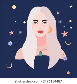 Una hermosa mujer rubia atractiva simboliza la noche y el espacio. signos astrológicos. Magia femenina. El concepto de astrología y esoterismo. Estilo boho mágico. Ilustración vectorial 
