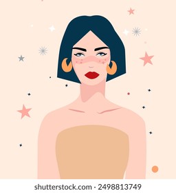 A beautiful attractive woman brunette symbolizes night and space. astrological signs. Female magic. The concept of astrology and esotericism. Magical boho style. Vector illustration. Background stars